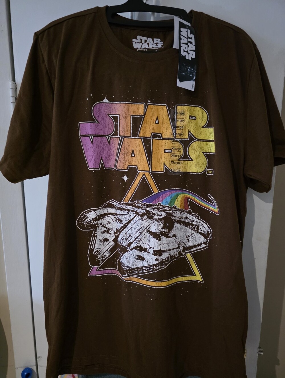 Star Wars Brown Tee with Rainbow-Accented Logo & Millennium Falcon